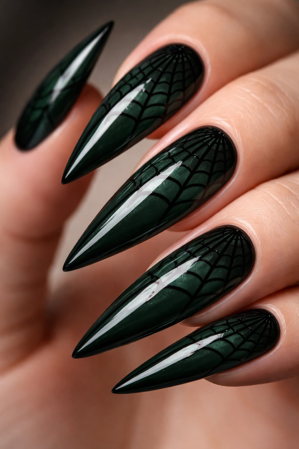 Forest green nail with black spider web design macro shot