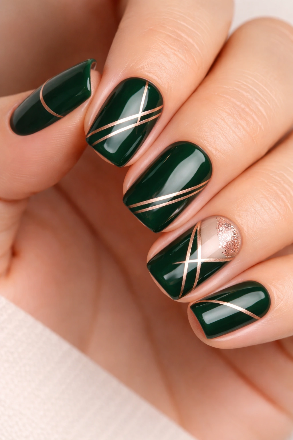 Forest green squoval nails with rose gold details on a hand