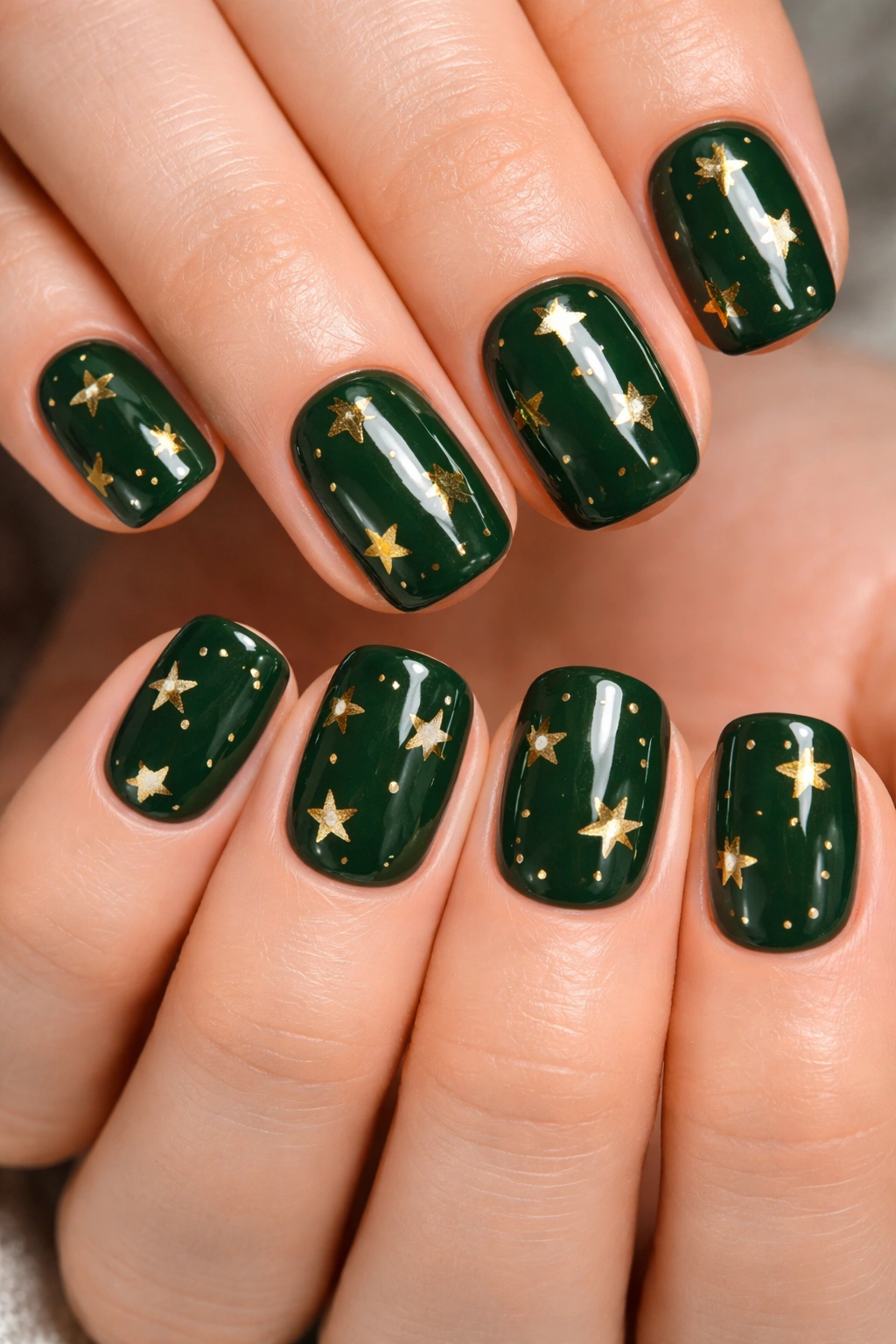 Close-up of forest green nails with gold star details.