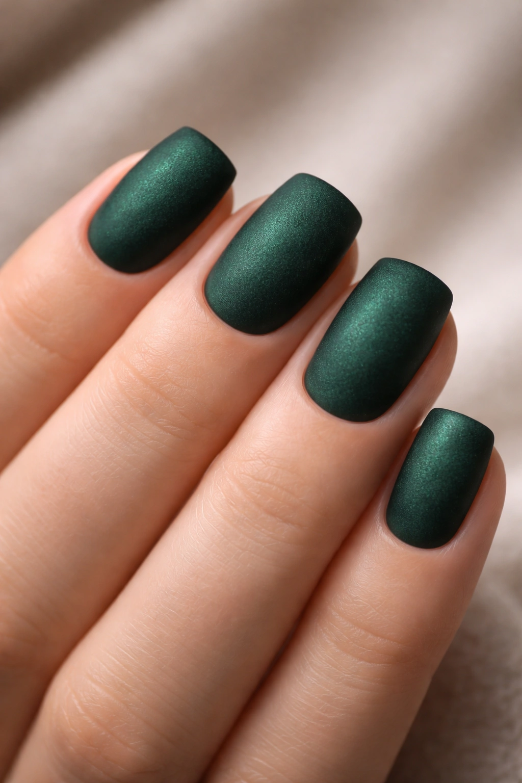 Forest green velvet matte nails on squoval shape