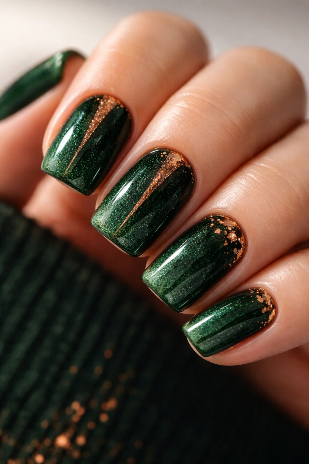 Close-up forest green velvet nails with copper accent