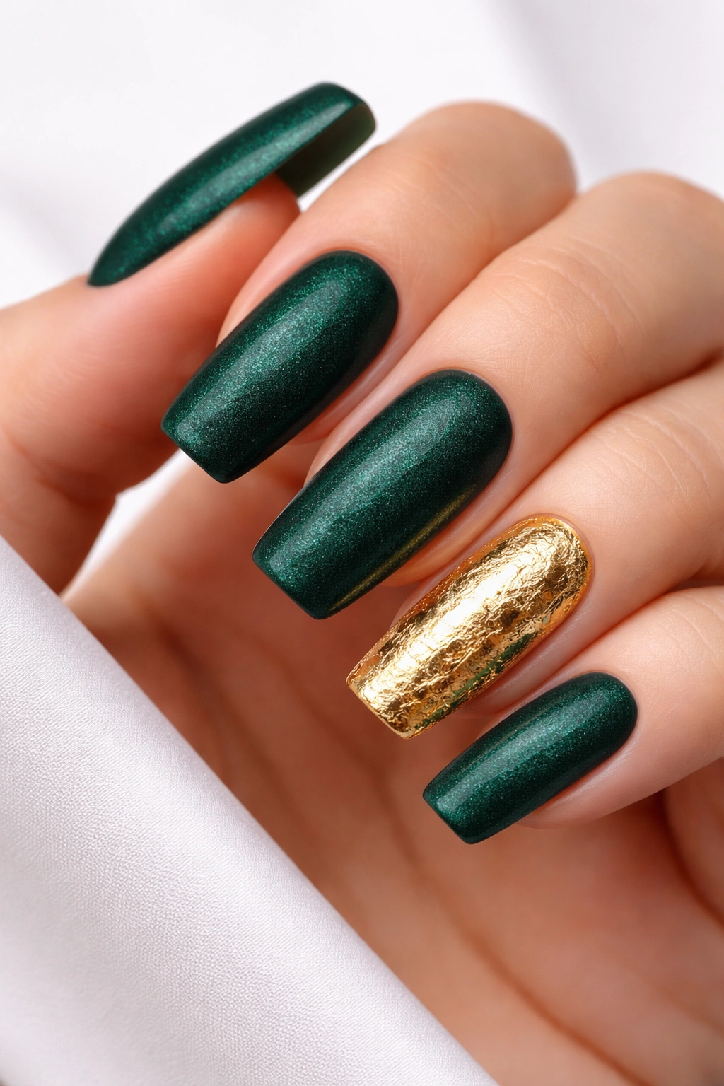Close-up of a hand with long squoval nails in forest green velvet matte with a gold foil accent nail on the ring finger