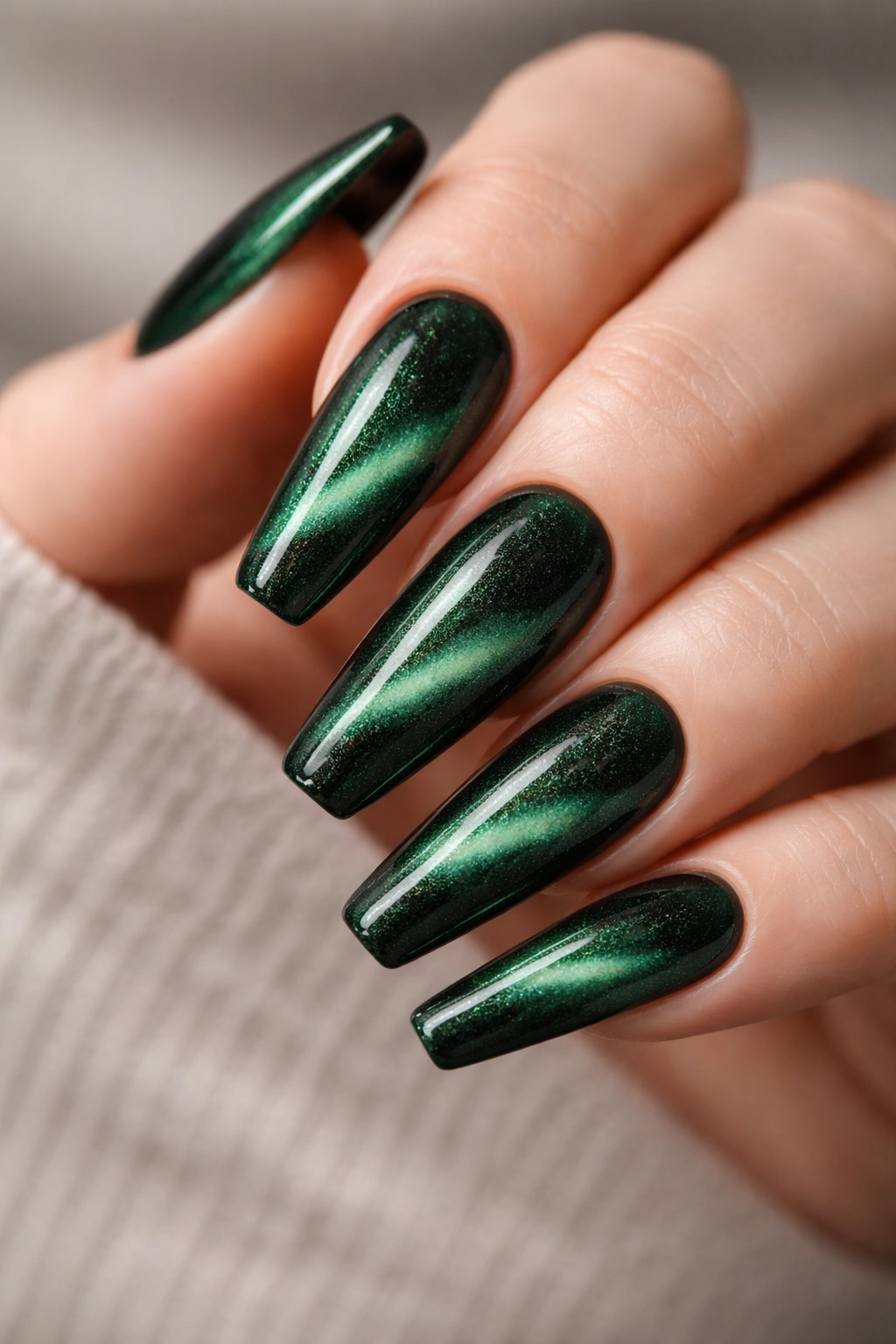 Close-up of forest green velvet cat-eye nails on a long ballerina manicure with diagonal shimmer