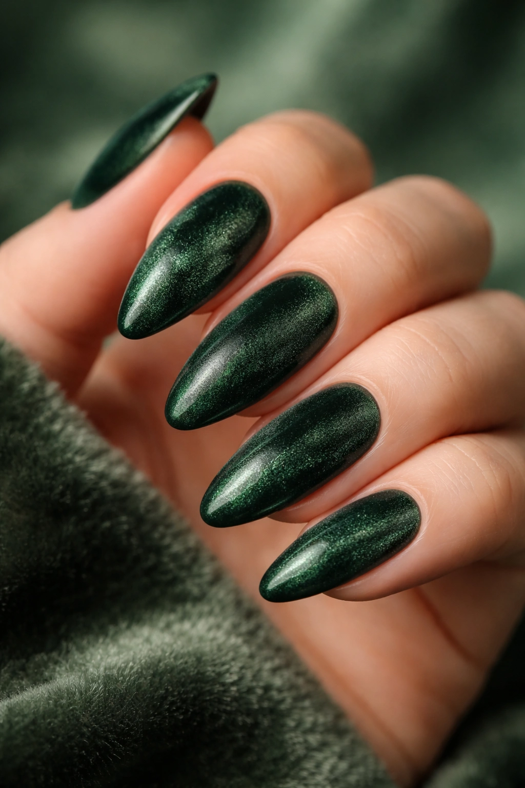 Almond nails in forest green velvet with soft shimmer.