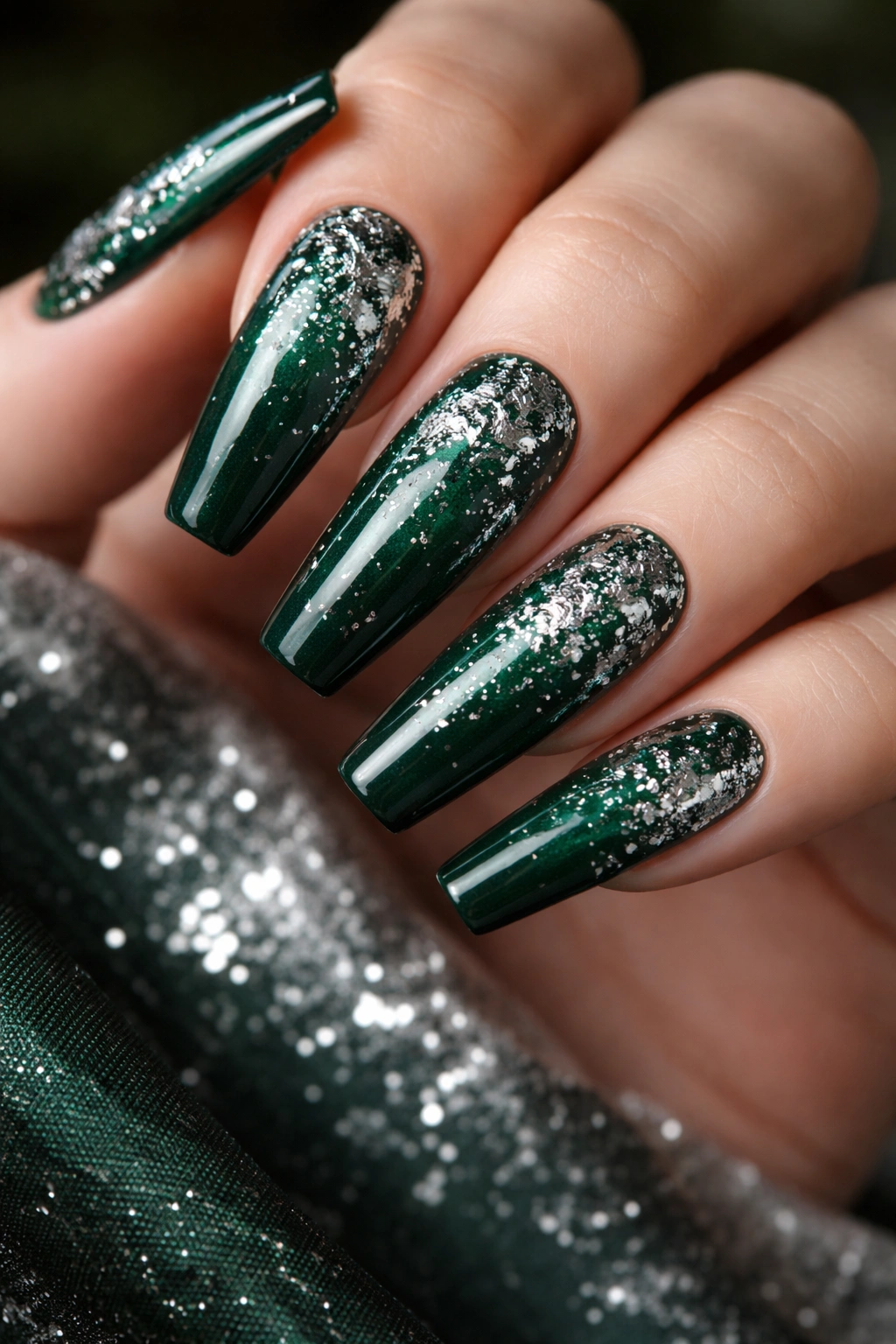 Forest green coffin nails with silver foil shimmer close-up
