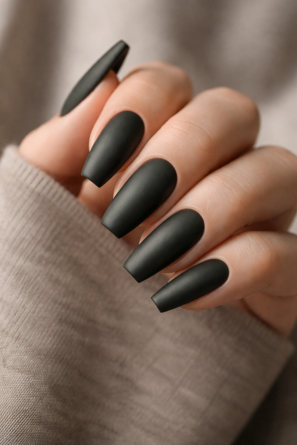 Close-up of forest truffle matte nails on medium ballerina nails