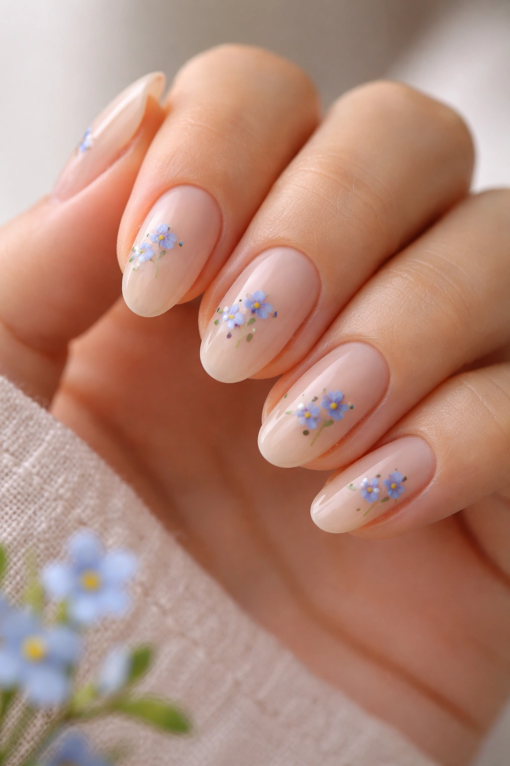 Close-up of forget-me-nots on short almond nails with a sheer nude base.