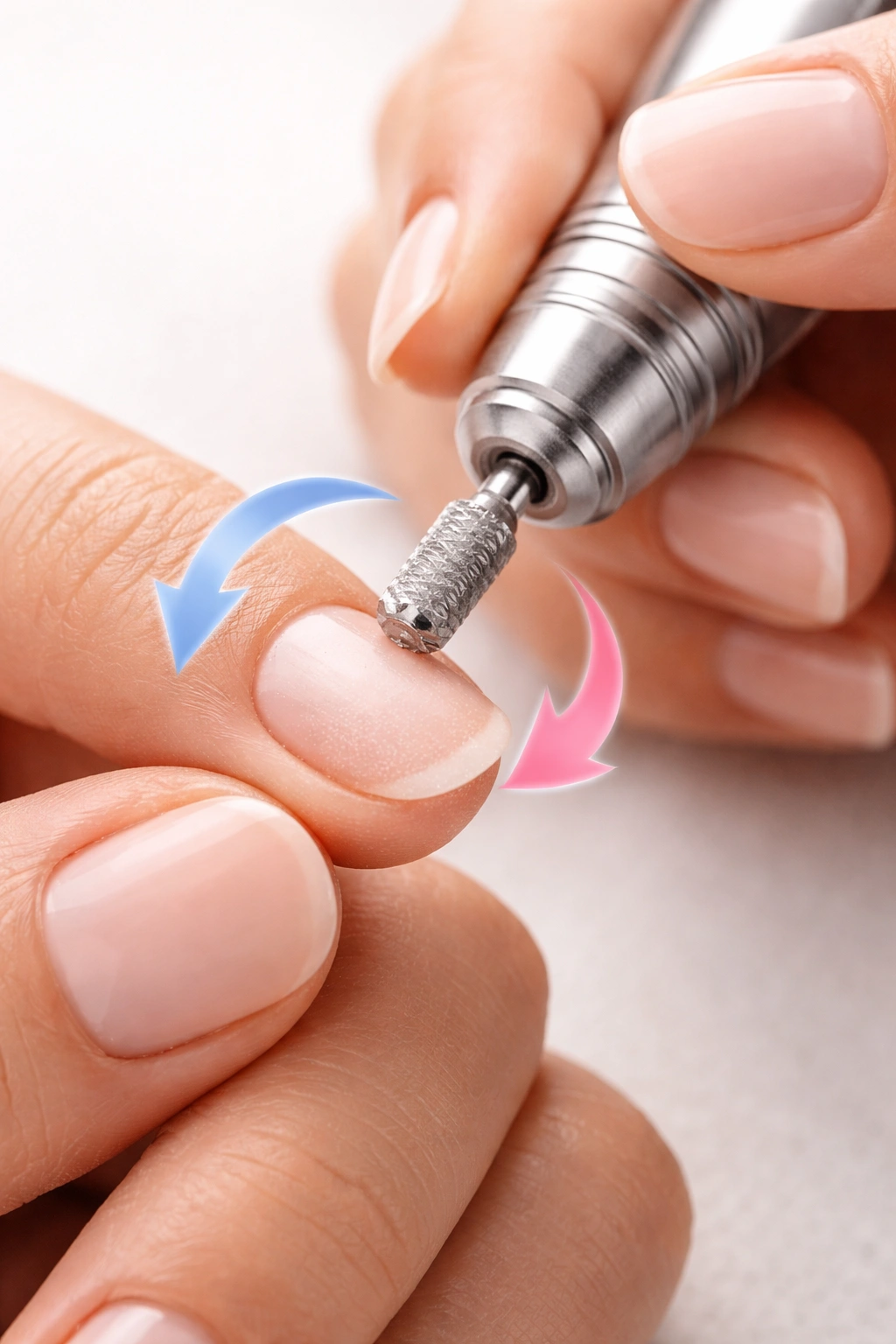 Close-up of nail drill being used with forward and reverse motion on a nail