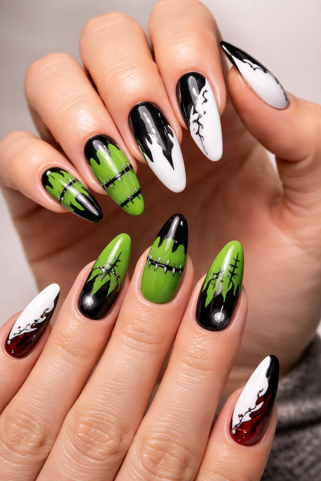 Two hands showing Frankenstein green nails with bolts and Bride nails with black streaks