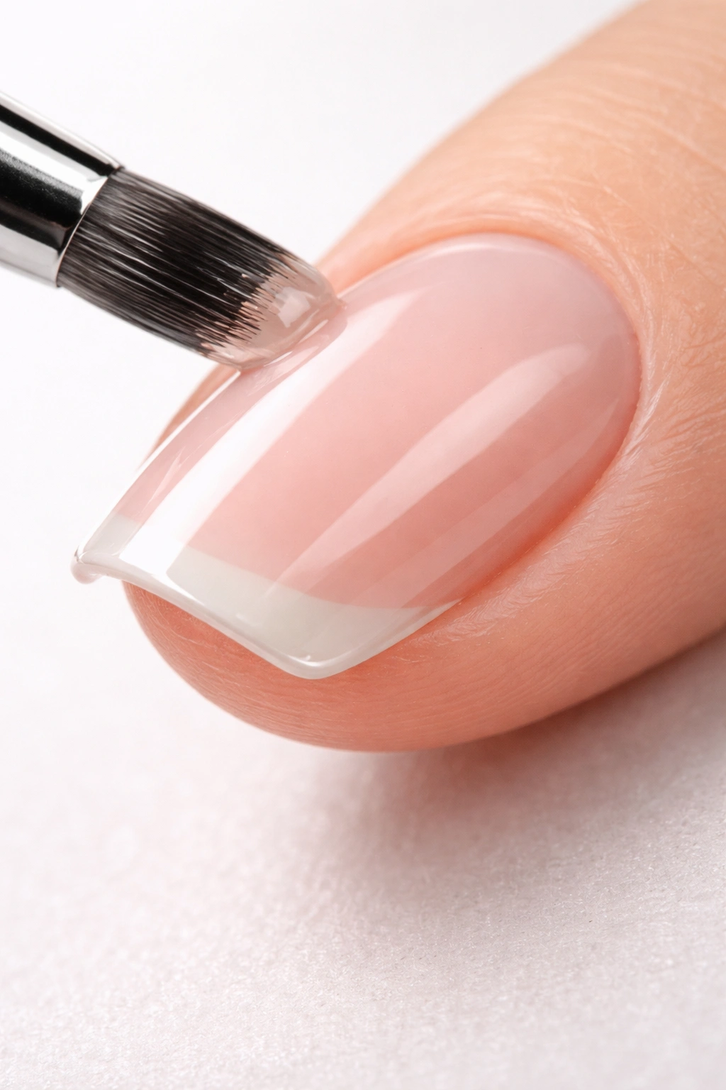 Close-up of a nail tip with gel sealing the free edge to prevent peeling
