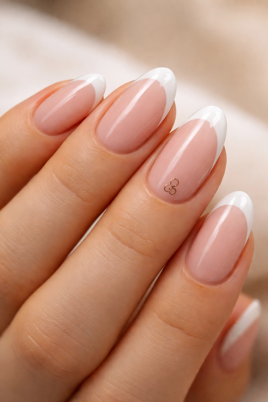 Close-up of French almond tips with a tiny monogram mark at the base
