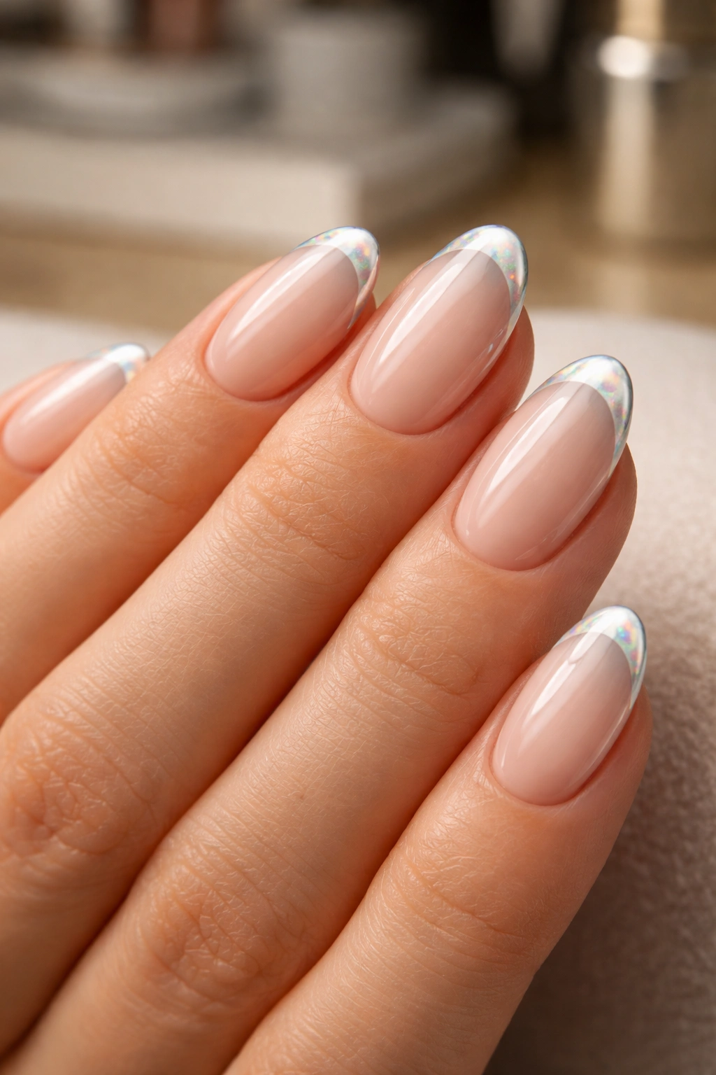 Close-up of short almond nails with white tips and a subtle chrome glow