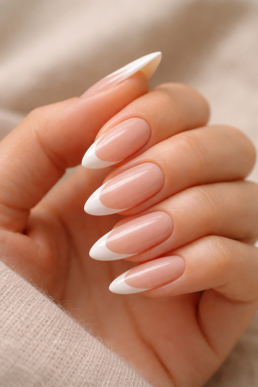 Close-up of almond nails with thin white French tip on a nude base