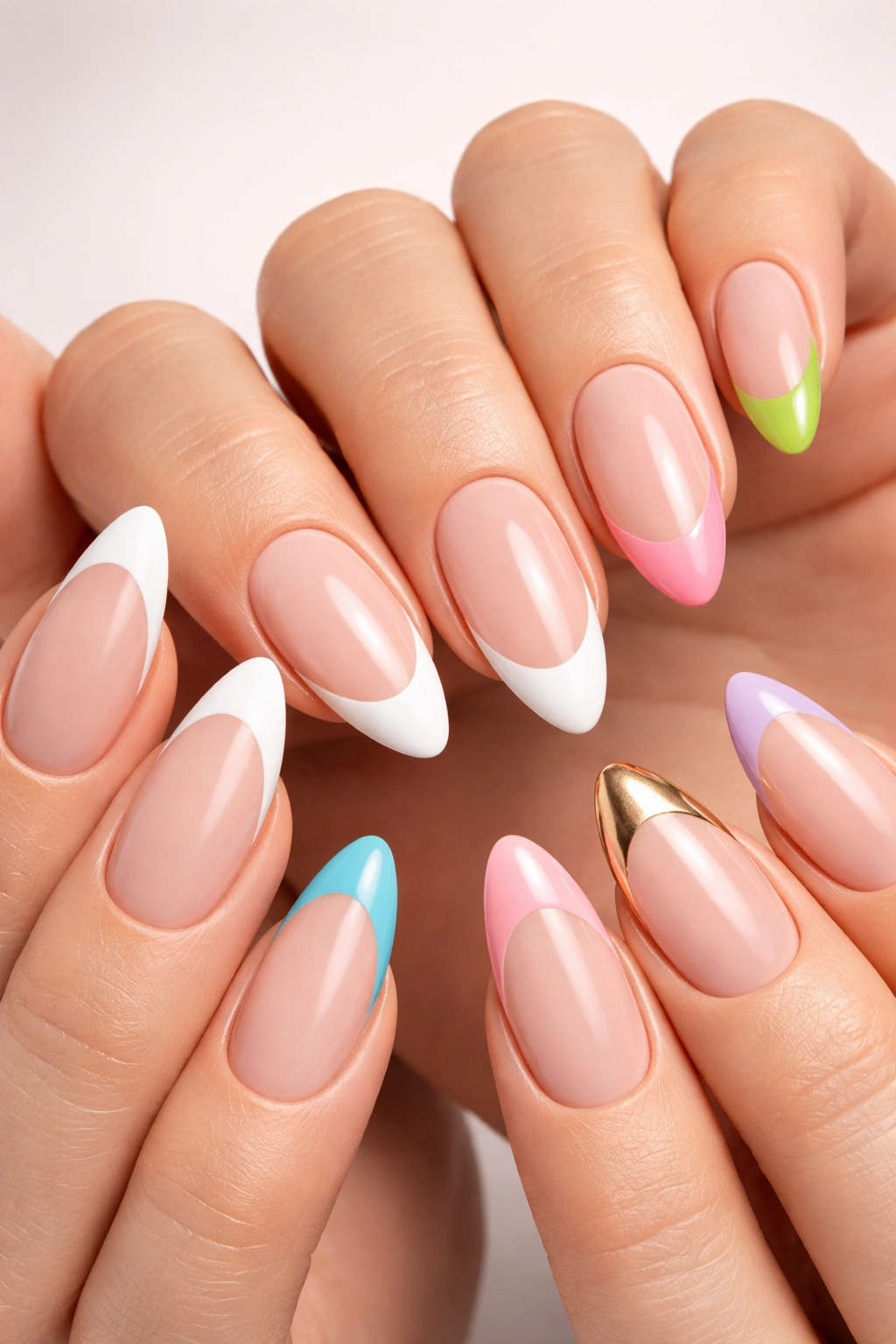 Almond nails with white French tips and colorful twists on nude base