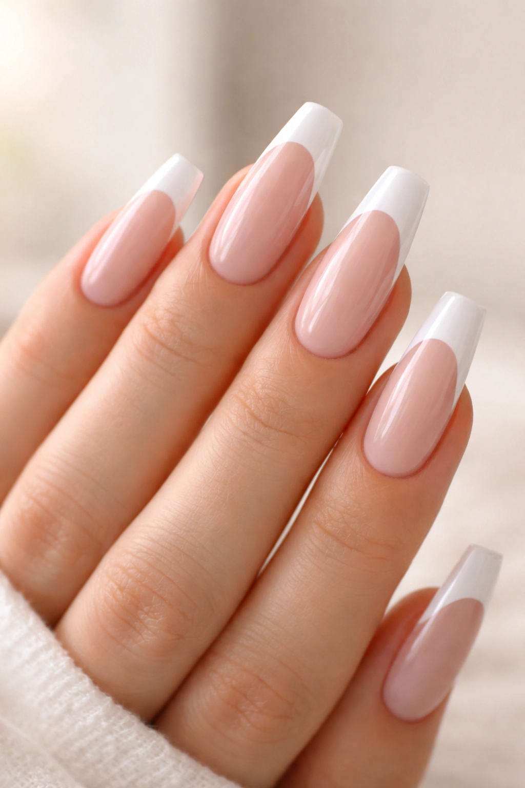 Coffin nails with white bed and thin French tip line