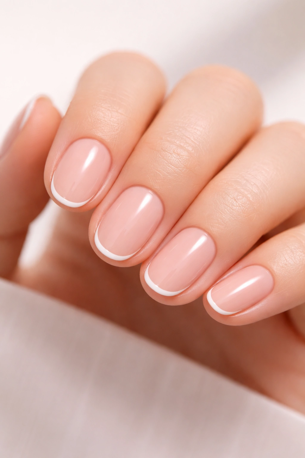 Close-up of slim French contour nails with ultra-thin white tips on natural pink base