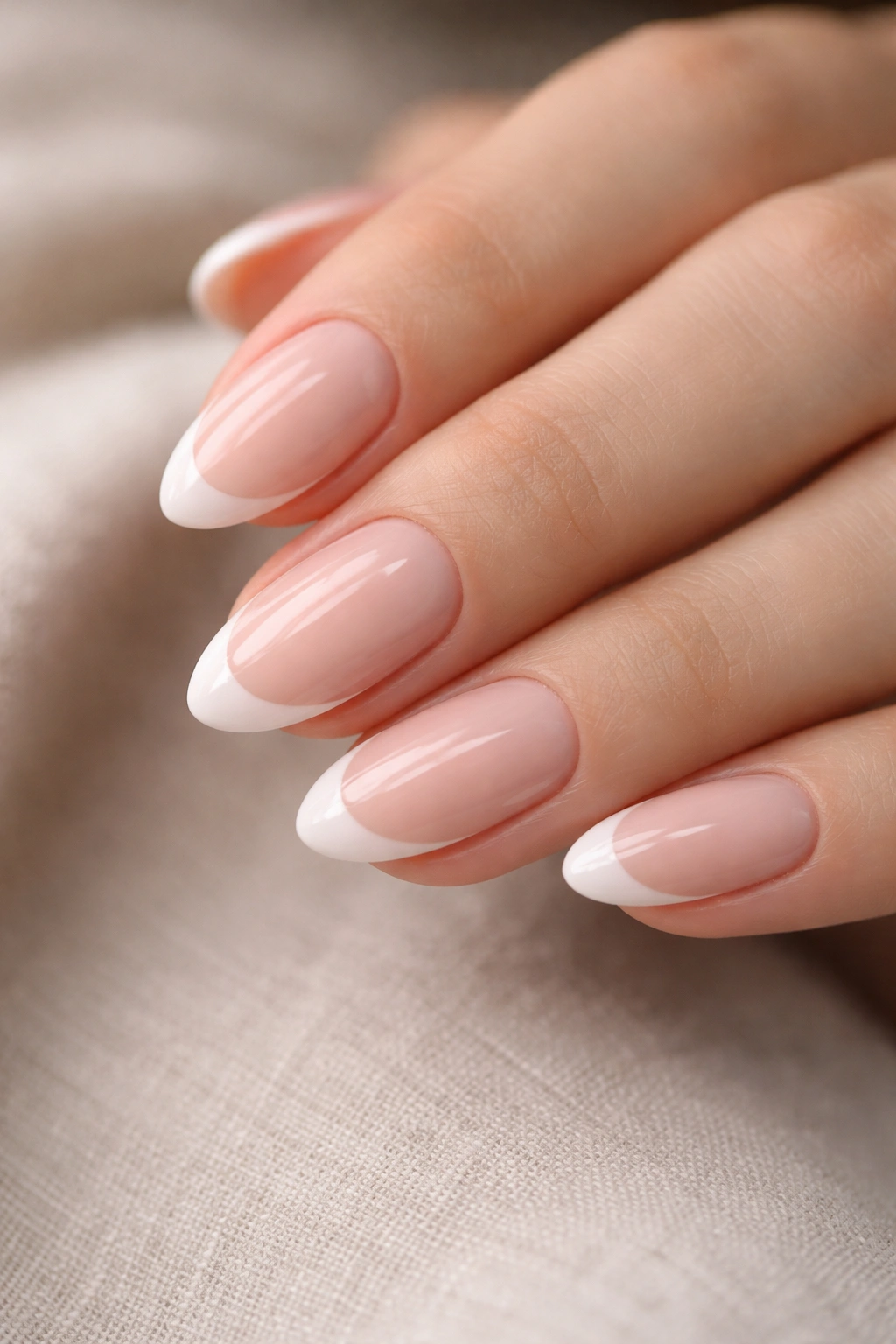 Short almond nails with slim white French tips on nude base