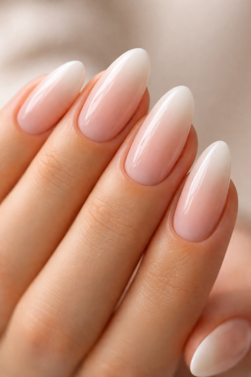 Almond nails with French fade gradient from pink nude to white tip