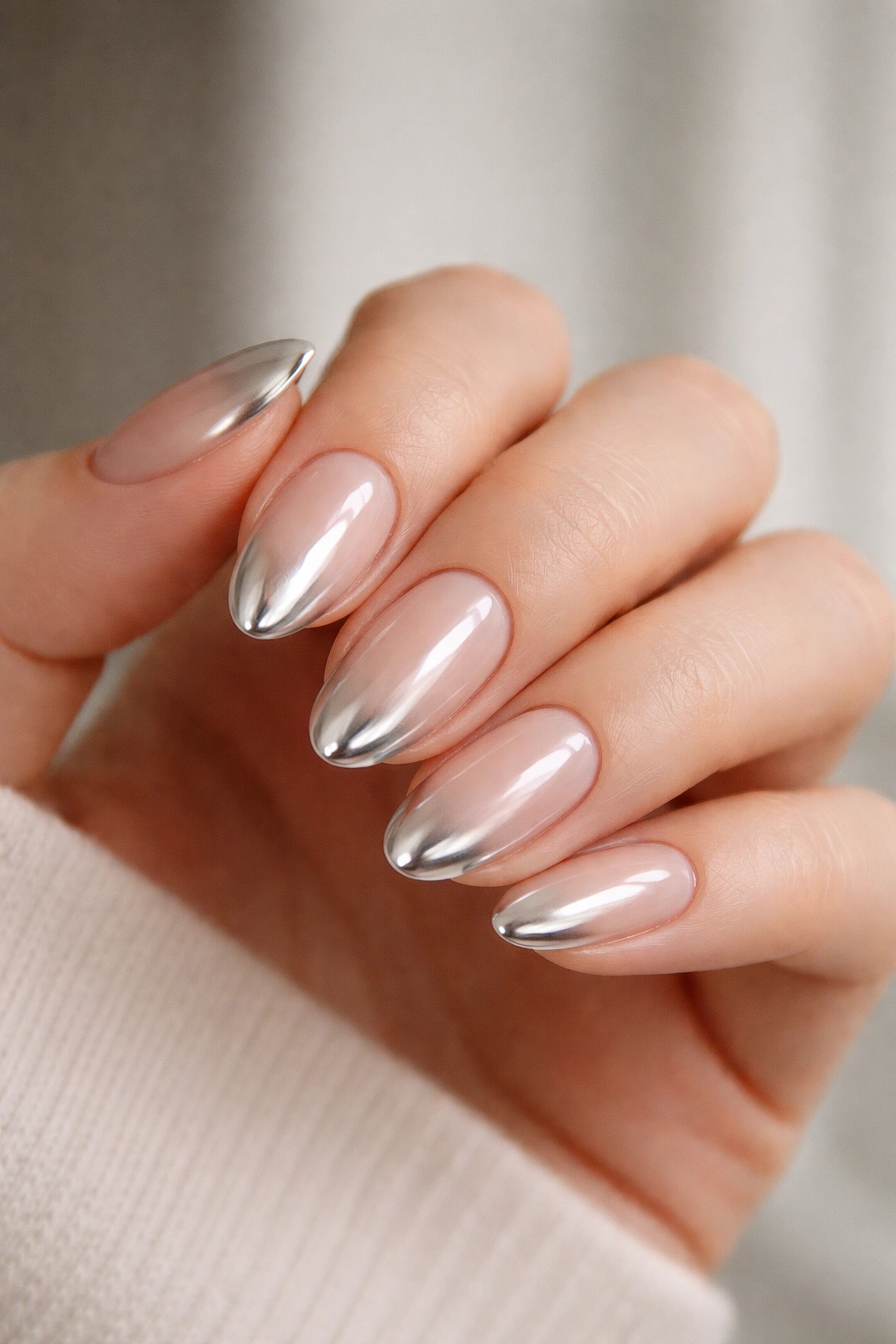 Short almond nails with nude-to-chrome gradient fade