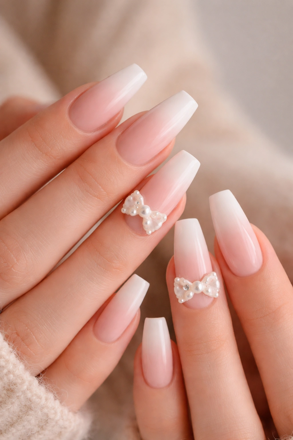 Ballerina nails with French fade and a small 3D pearl bow on a neutral background