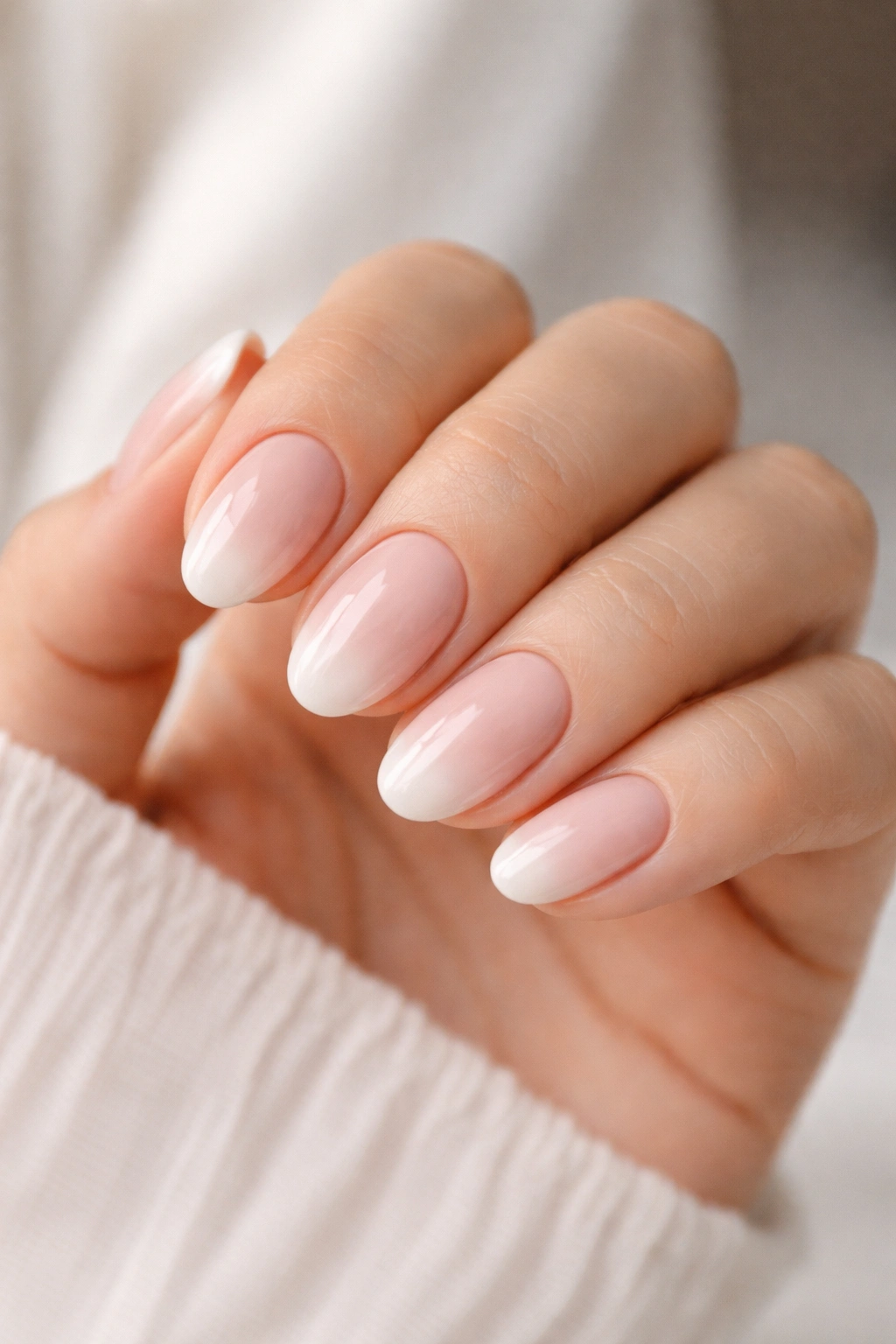 Close-up of pink-nude short oval nails with a subtle white fade at the tips.