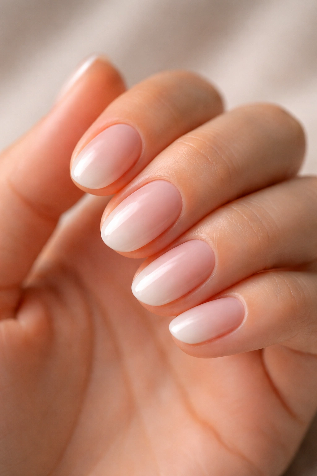Close-up of sheer French fade on short oval builder gel nails