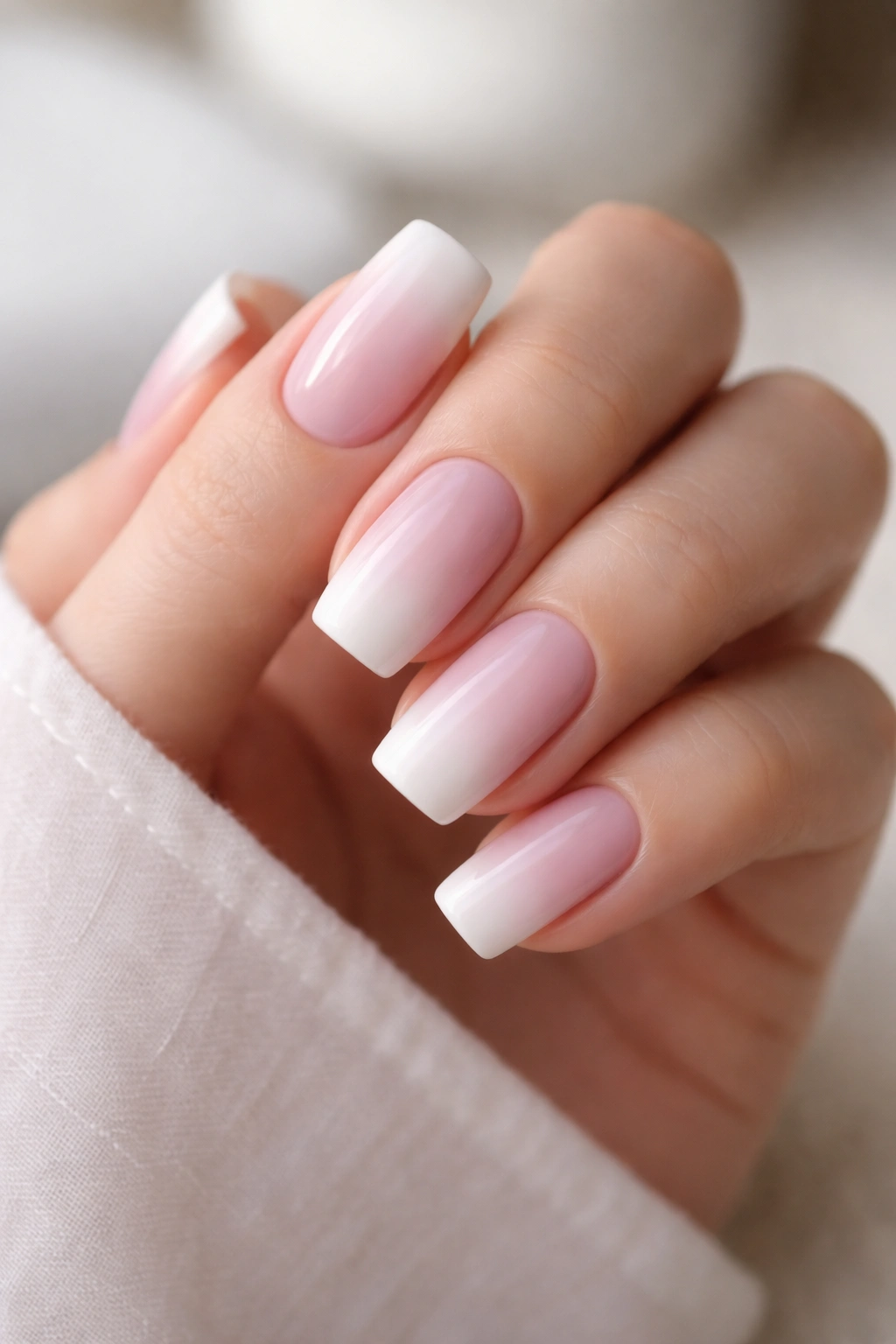 Close-up of square oval nails with pink-to-white French fade