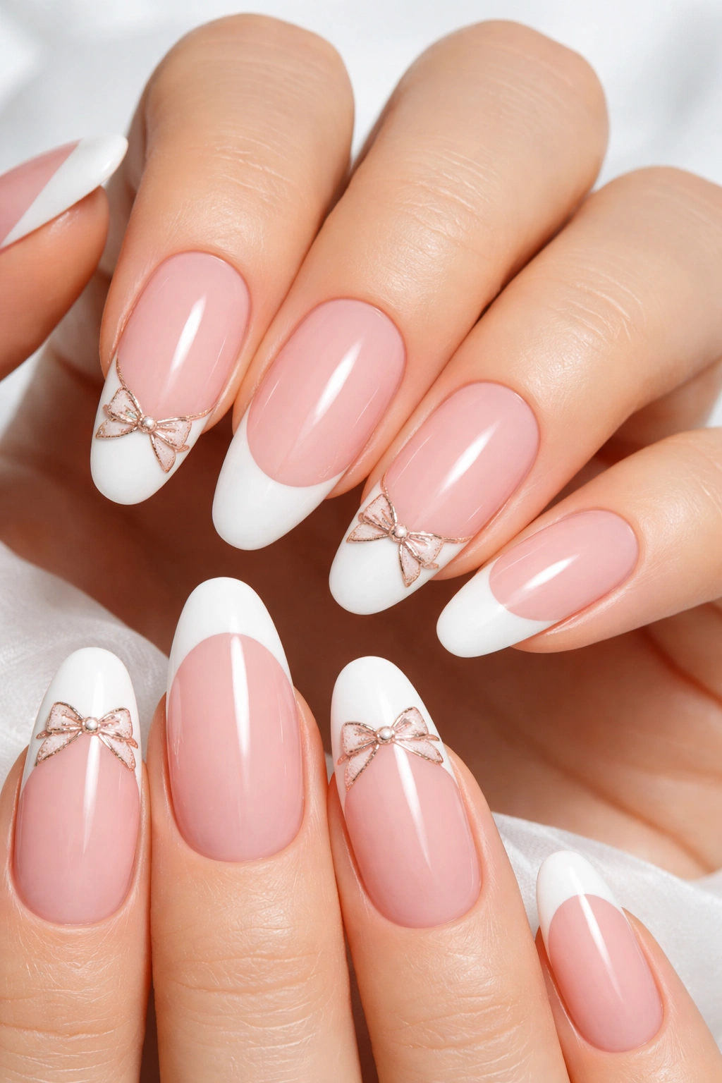 Close-up of French manicure with bow outlines at the pink-white junction.