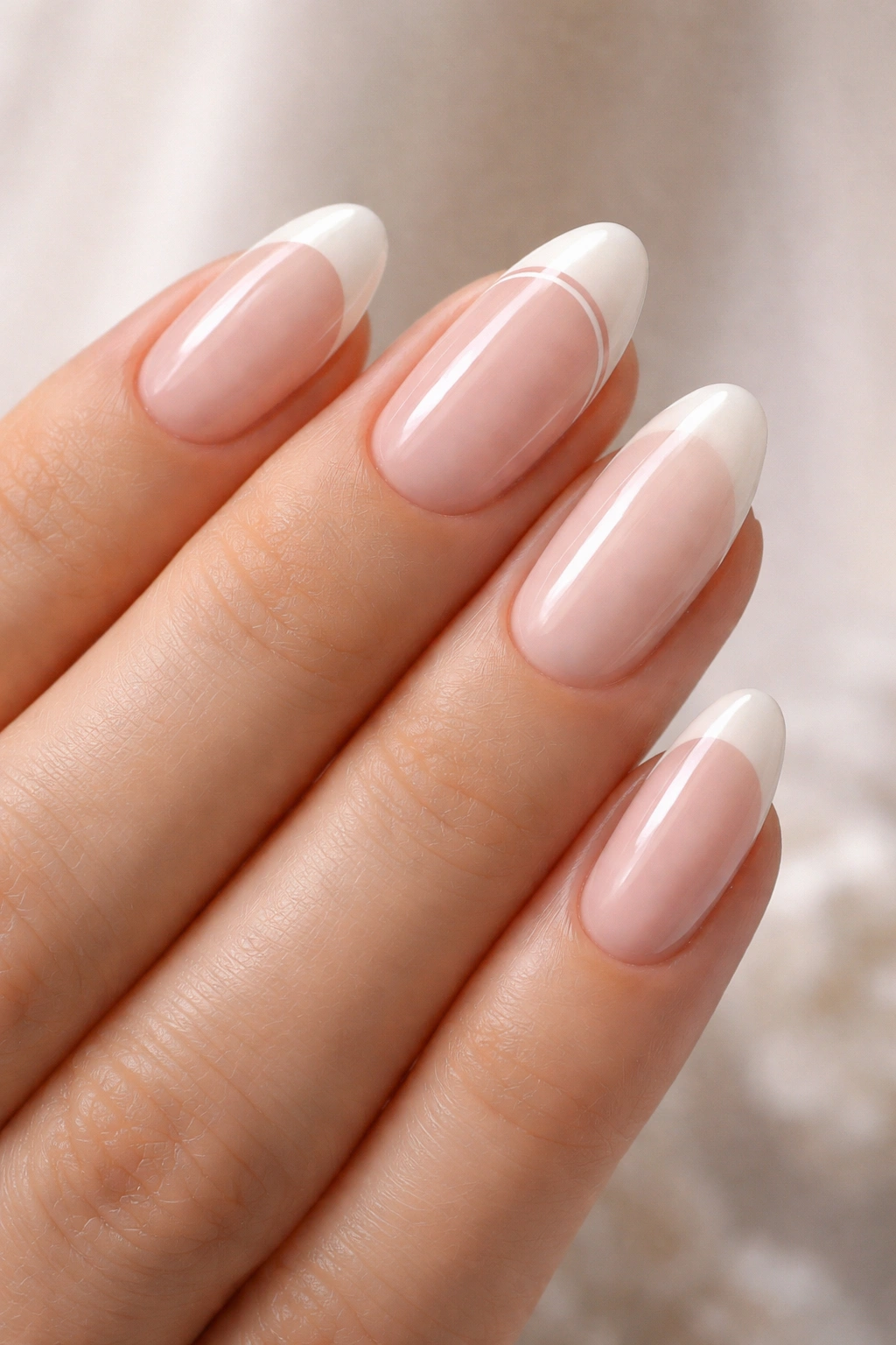 Close-up of hands with timeless French manicure designs featuring ivory tips and sheer pink base for bridal nails