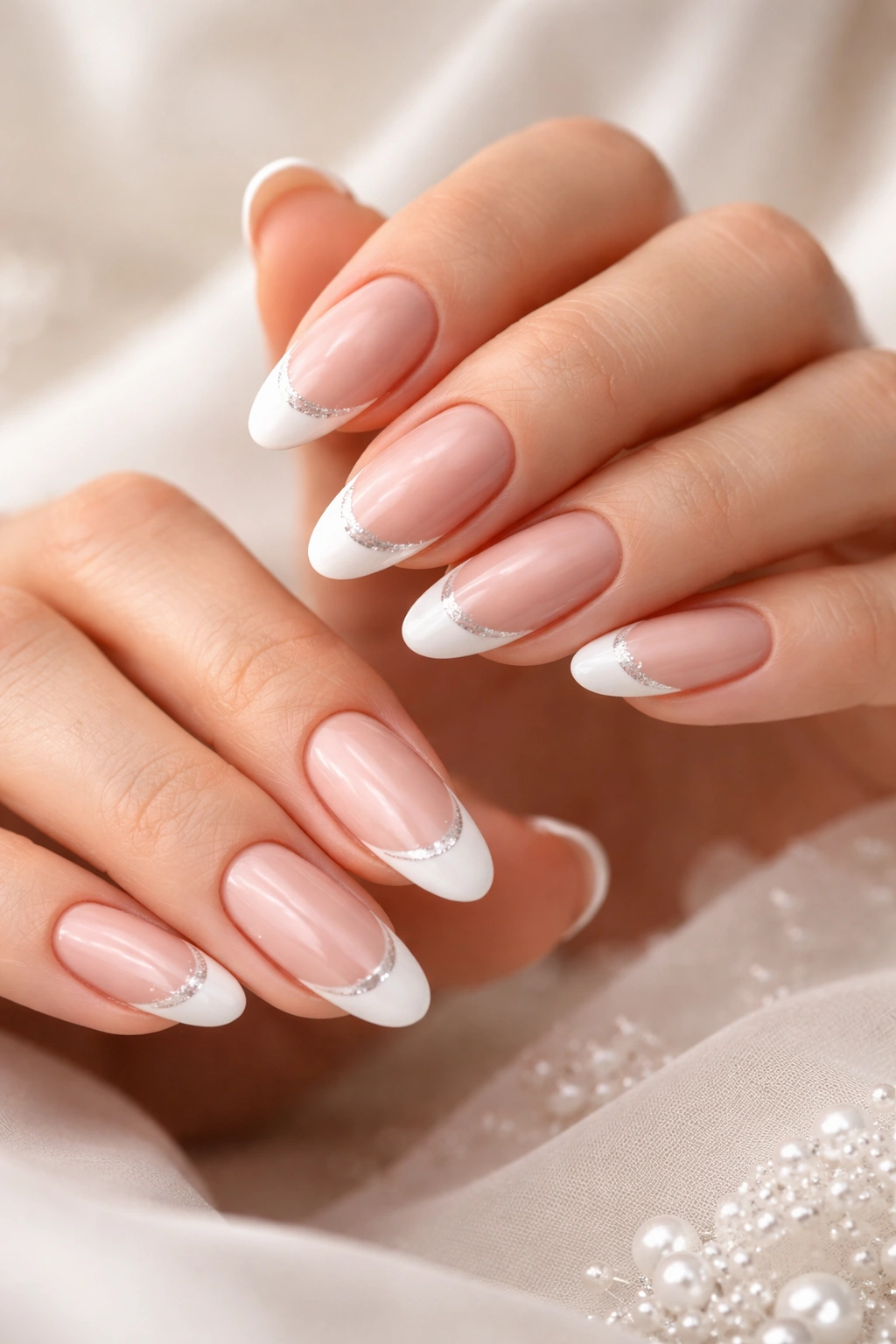 Close-up of hands with Classic French Elegance manicure: nude base, white tips, and silver glitter smile line.