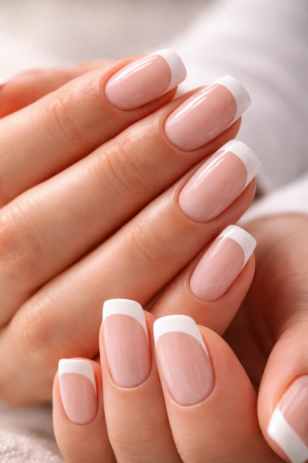 Close-up of hands with pristine French manicure featuring white tips and glossy nails