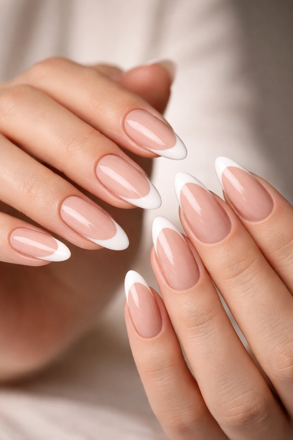 Close-up of long oval nails with nude base and white tips in a modern French manicure