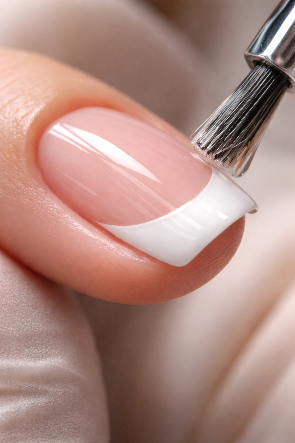 Nail with sealed French tip showing extended wear under top coat