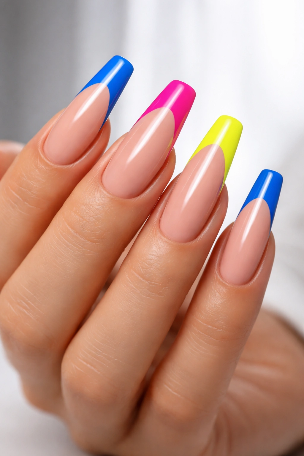 Close-up of long nails with nude base and bold colored tips in blue, pink, and yellow