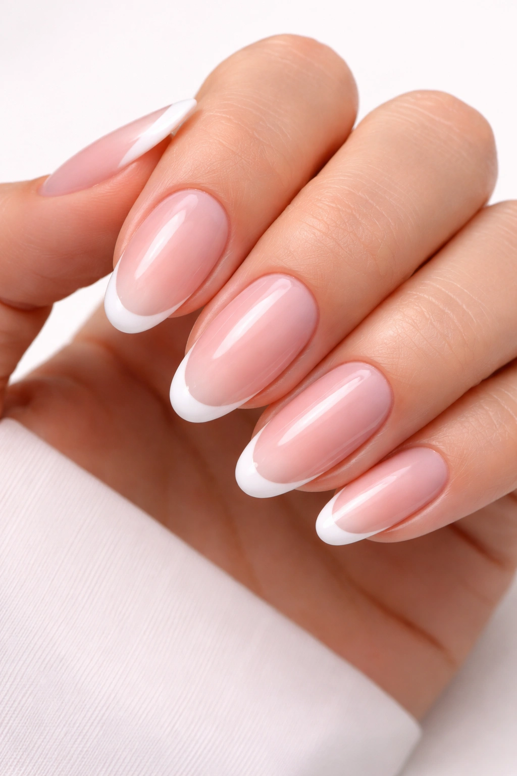 Micro French manicure with subtle ombré on a manicured hand