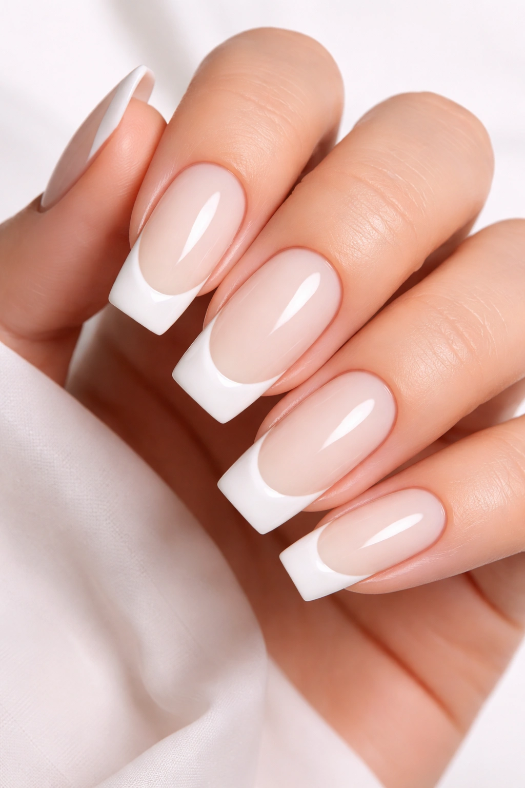 Rounded-square nails with a modern French manicure in soft cream and thicker white smile line