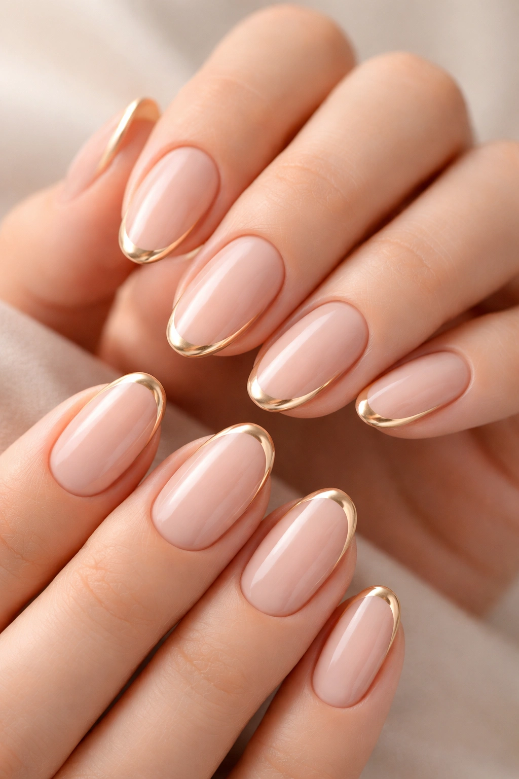 Close-up of hands with nude-based French nails featuring a thin metallic gold tip.