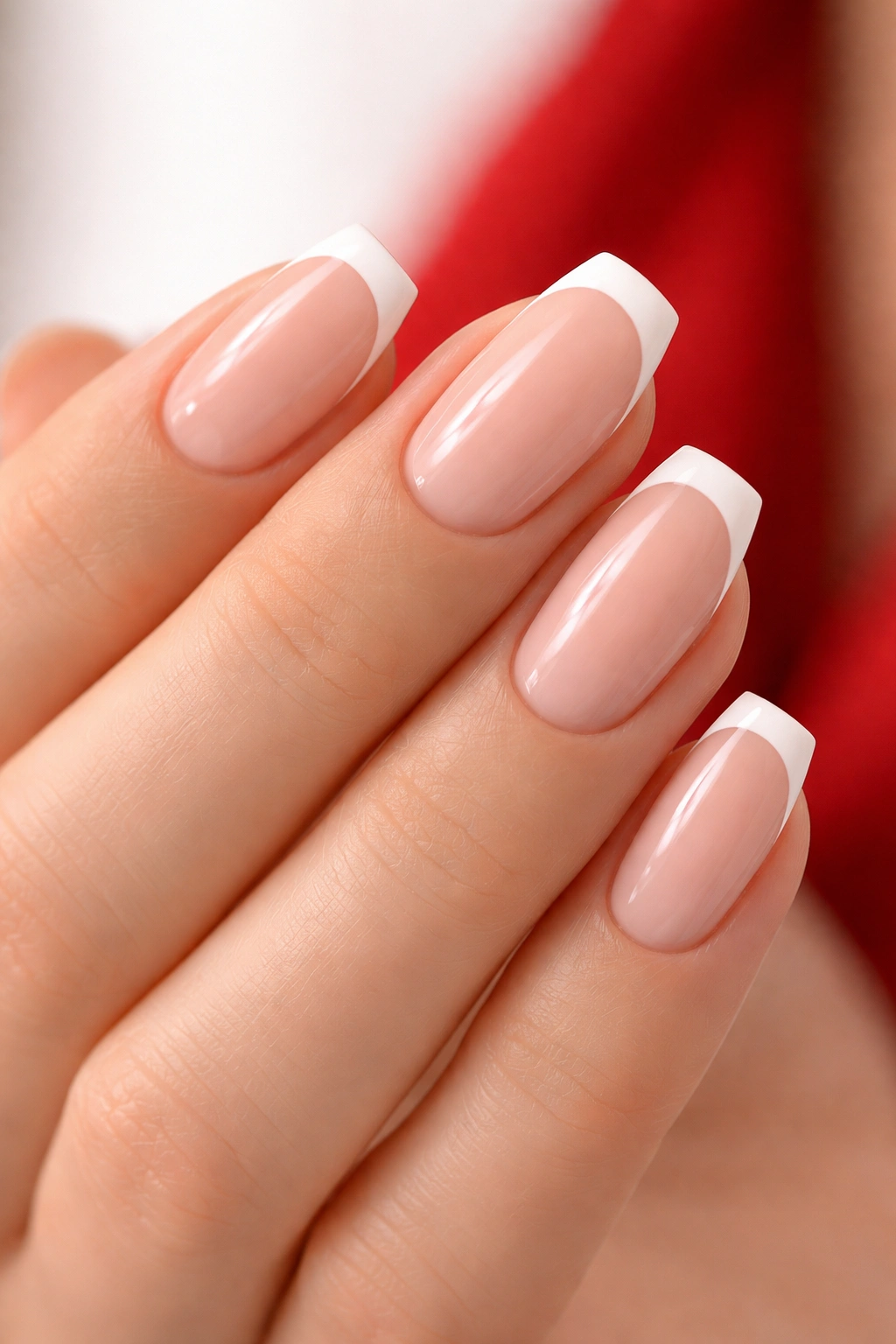 Close-up of a classic French manicure with white tips on nude base
