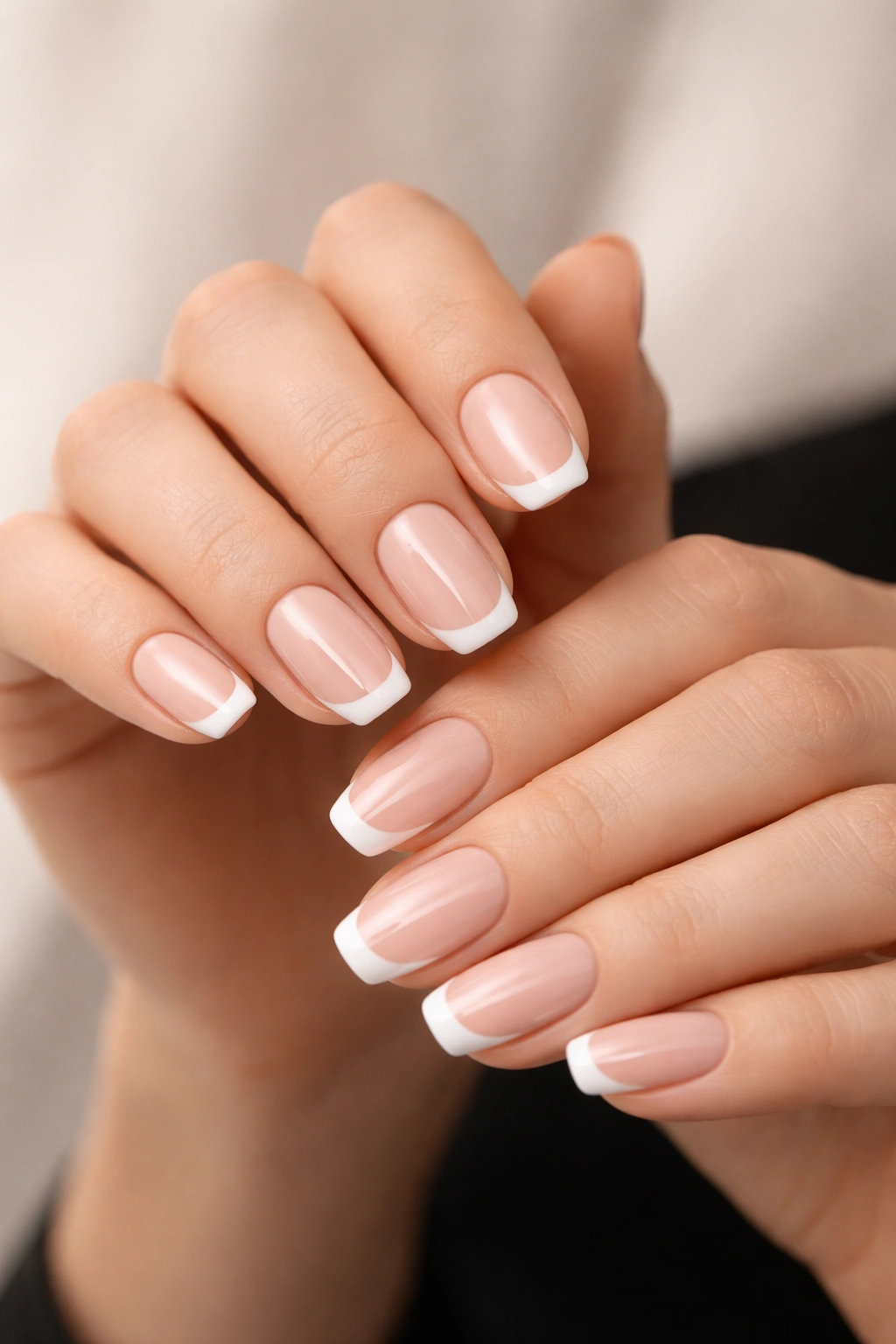 Close-up of hands with classic French manicure pink nude base and white tips