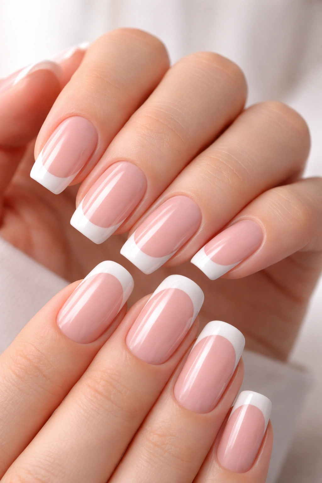 Close-up of hands with Classic French Manicure featuring white tips and sheer pink base