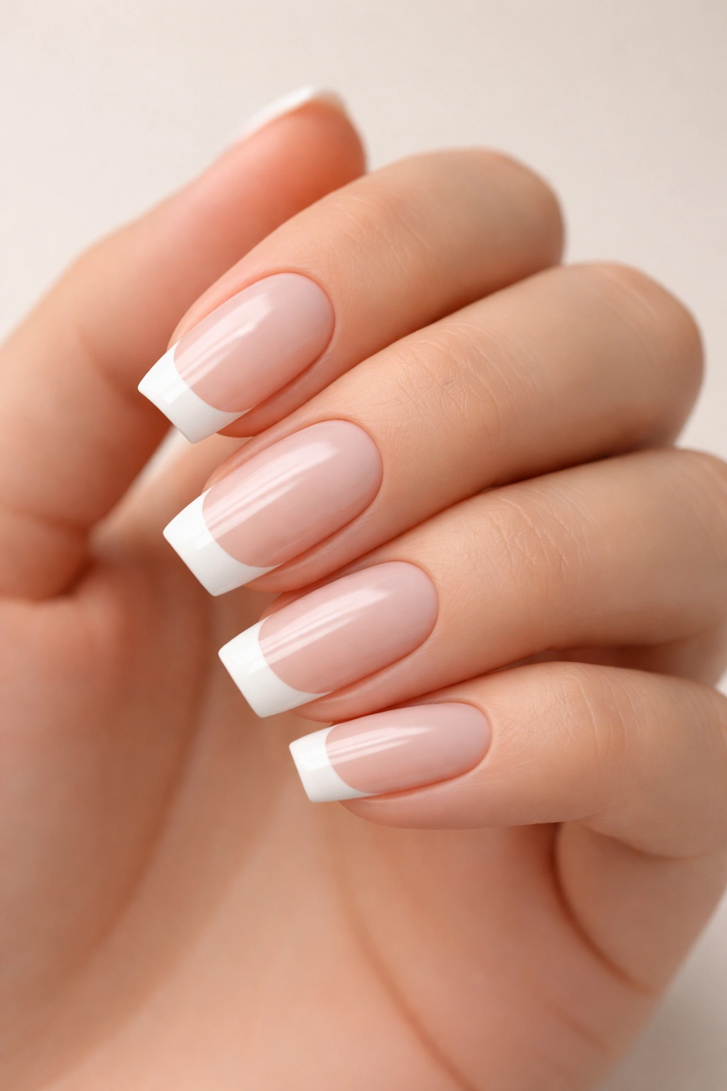 Close-up of hand with classic French manicure