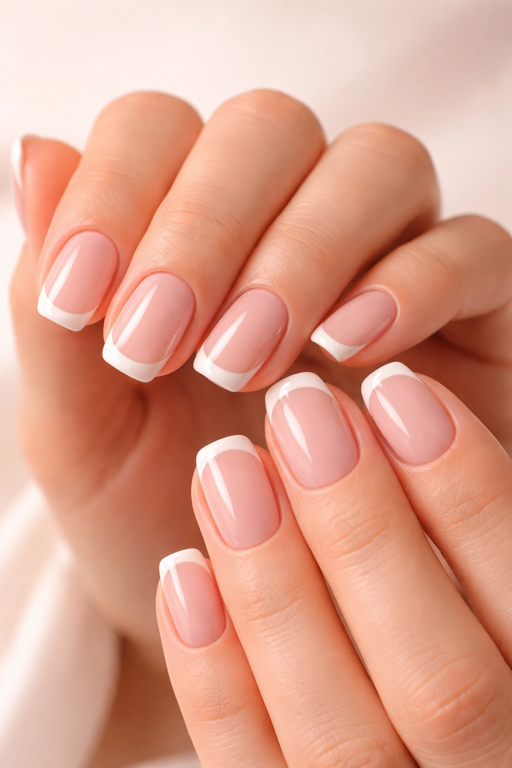 Close-up nude nails with white tips in a minimalist studio setting