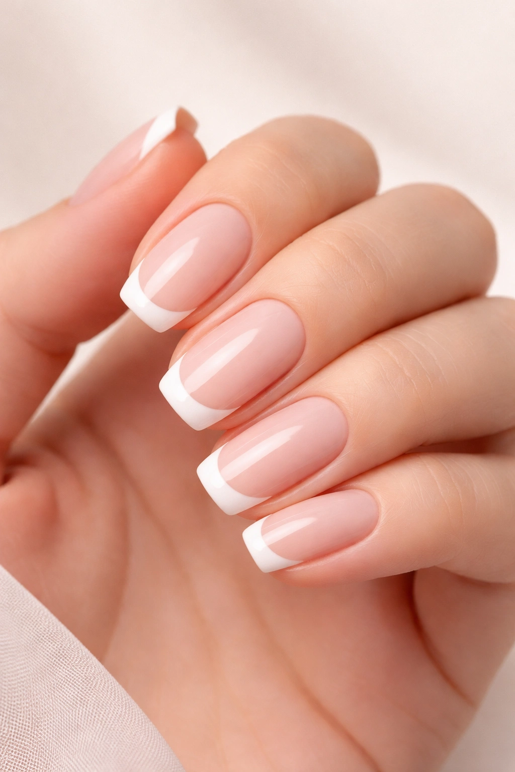 Close-up of natural nails with a classic French manicure featuring nude base and white tips