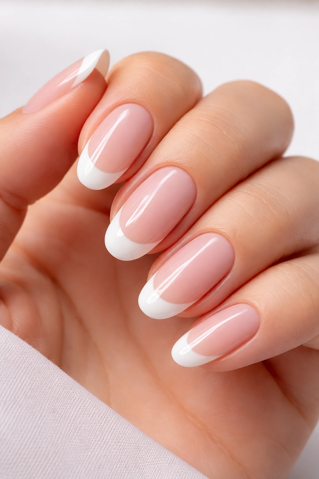 Close-up of nails with soft pink base and white tips.