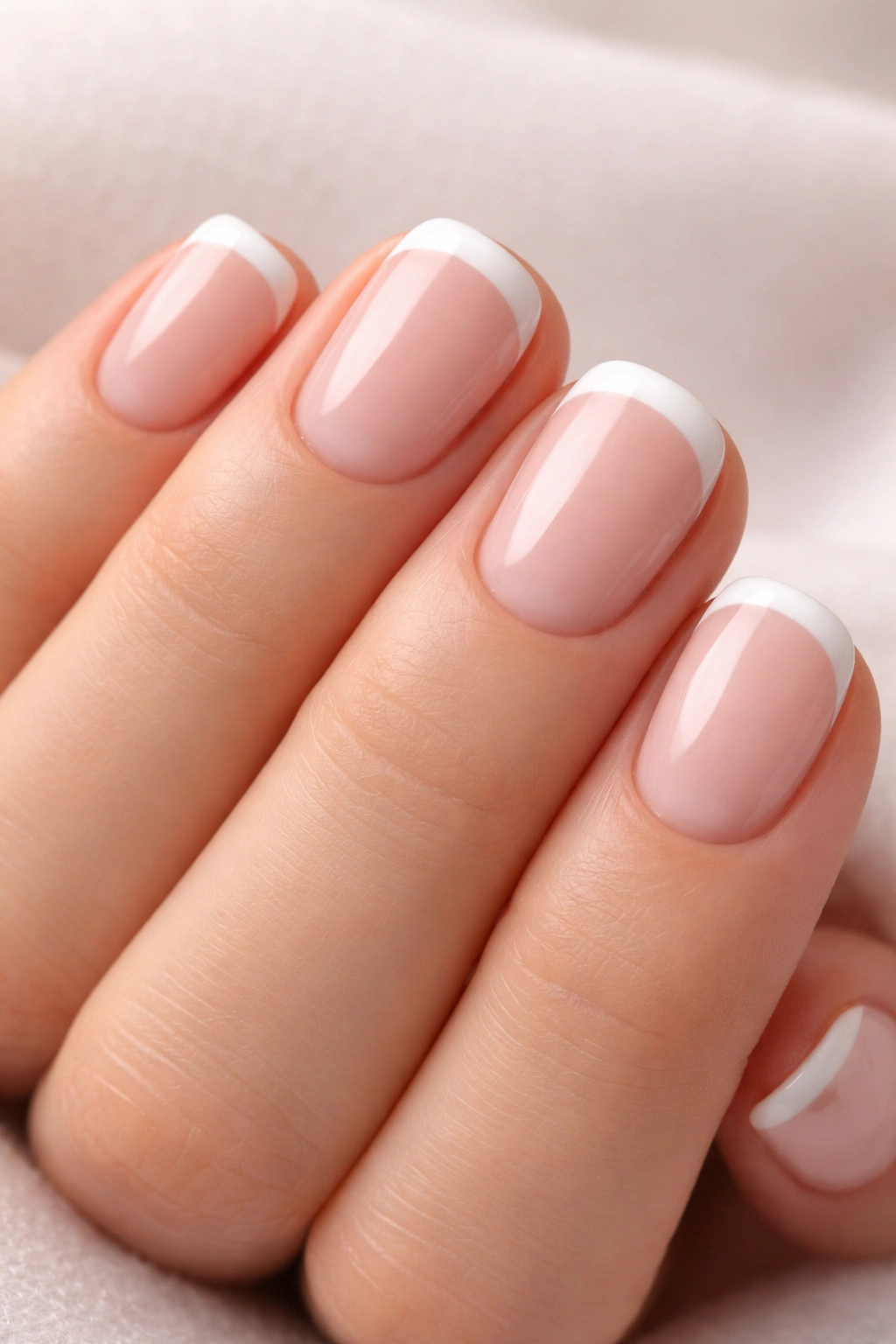 Close-up of short nails with classic French manicure