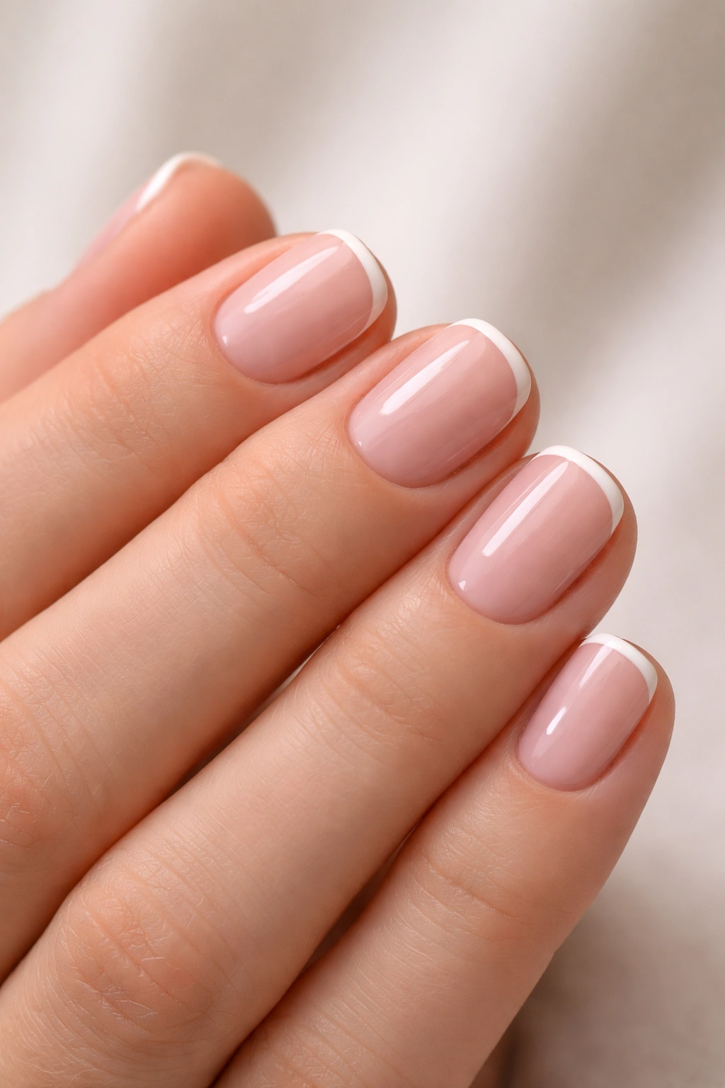 Close-up of short nails with a delicate French manicure white tips