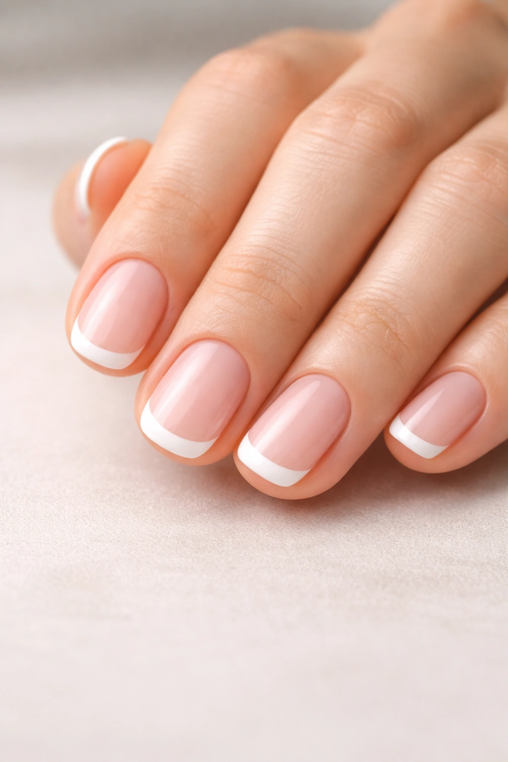 Close-up of short nails with a classic French manicure featuring thin white tips on a nude base