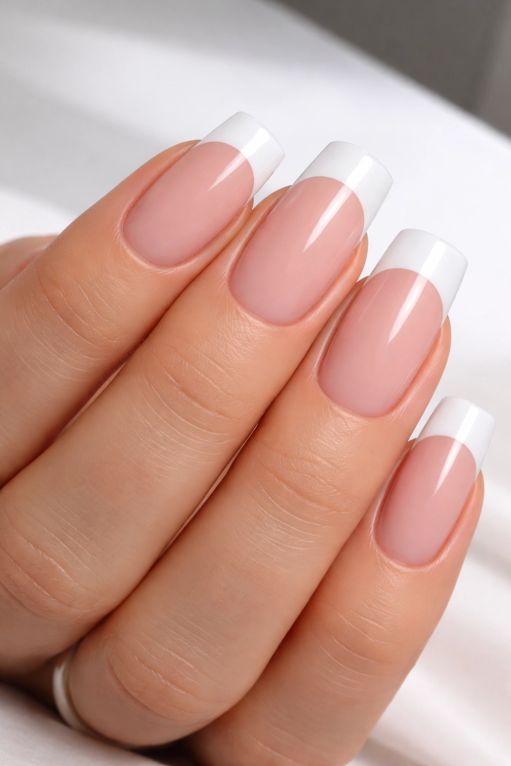 Close-up of soft square nails with thick white French tips
