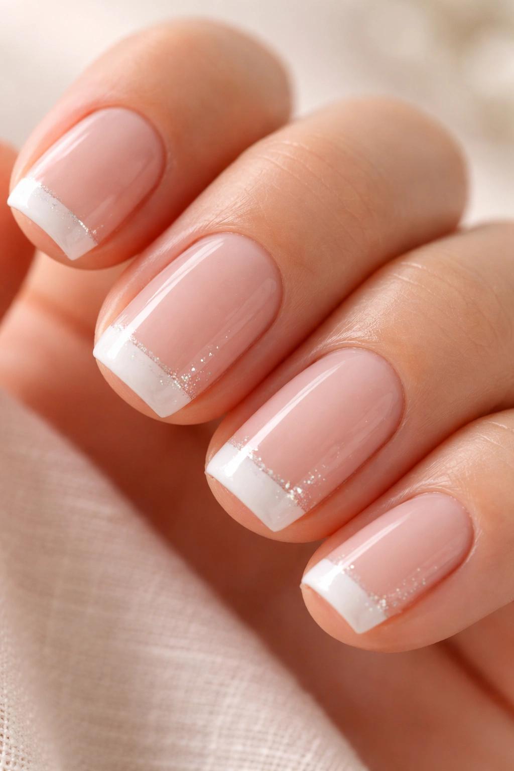 Close-up of short squoval nails with nude base, white tip, and subtle shimmer