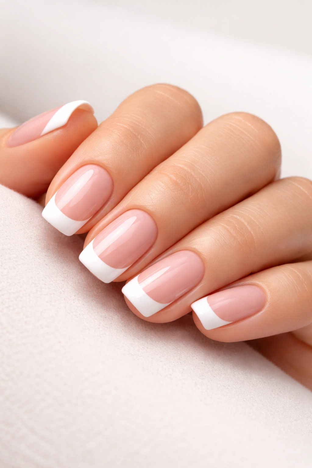 Close-up of short squoval nails with pure white tips on a nude base.